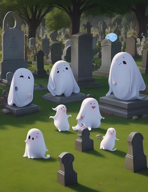 Pequeños fantasmas jugando y divirtiéndose en un cementerio