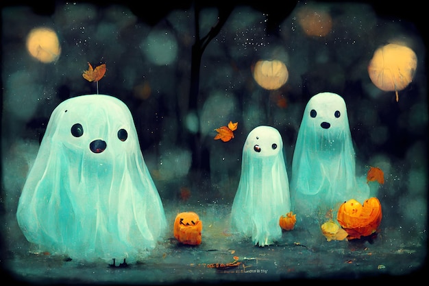 Pequeños fantasmas lindos en el arte generado por la red neuronal del bosque de Halloween del otoño negro espeluznante