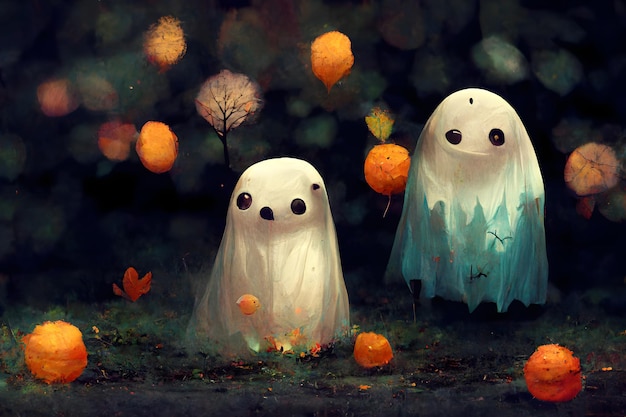 Pequeños fantasmas lindos en el arte generado por la red neuronal del bosque de Halloween del otoño negro espeluznante