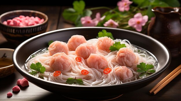 Pequeños fideos de arroz planos con bolas de pescado y bolas de camarón en sopa rosa yen ta cuatro o yen ta fo como