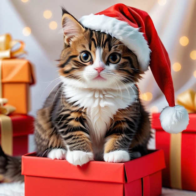 pequeños gatos lindos con sombrero de Santa sentados en una caja de regalos de Navidad