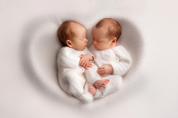 Pequeños gemelos recién nacidos con monos blancos sobre un fondo blanco Gemelos recién nacidos duermen junto a su hermano en el fondo del corazón Dos gemelos recién nacidos abrazándose Foto de alta calidad