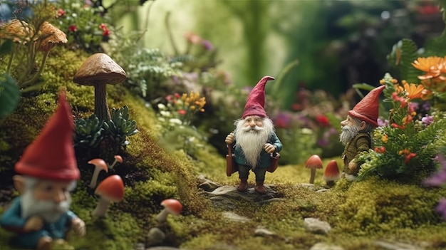 Pequeños gnomos jardineros en un bosque mágico Concepto de fantasía Pintura de ilustración