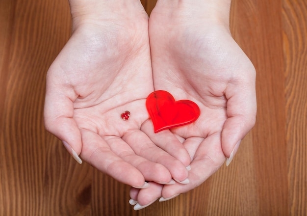 Pequeños y grandes corazones en manos femeninas