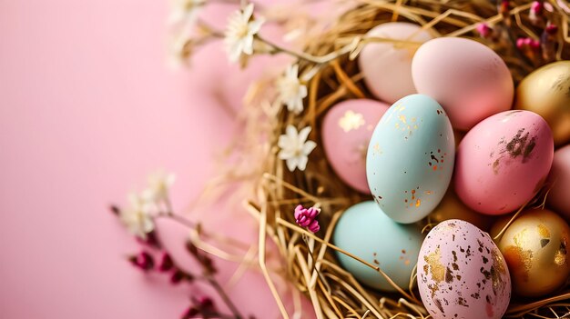 Pequeños huevos de Pascua coloridos en una canasta sobre un fondo rosa claro