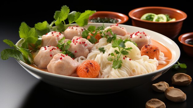 Pequenos macarrões de arroz planos com bolas de peixe e bolas de camarão em sopa rosa yen ta quatro ou yen ta fo como