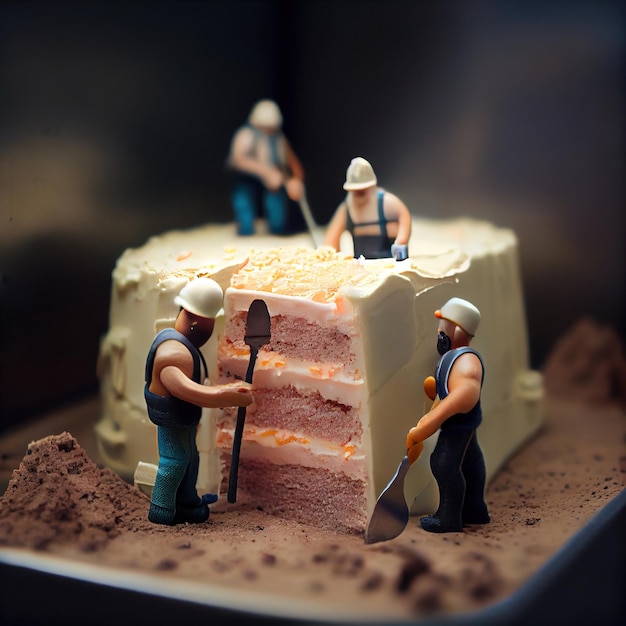 Pequeños mineros extrayendo rebanadas de delicioso pastel Un plato con un trozo de delicioso pastel sobre la mesa