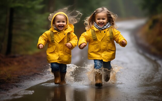 Los pequeños niños felices saltan en charcos con goma