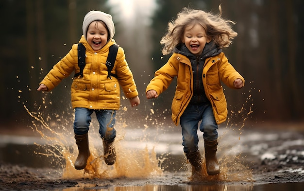 Los pequeños niños felices saltan en charcos con goma