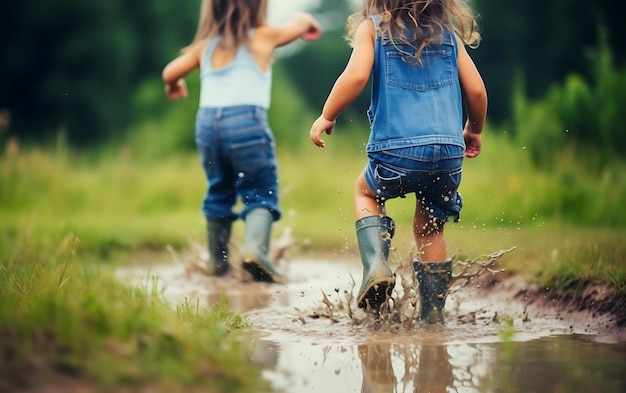 Los pequeños niños felices saltan en charcos con goma