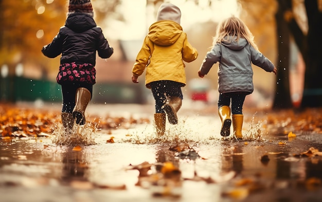 Los pequeños niños felices saltan en charcos con goma