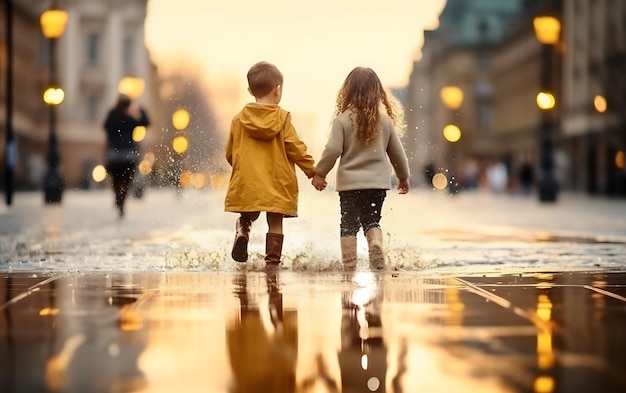 Los pequeños niños felices saltan en charcos con goma