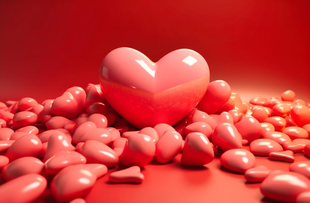 Pequenos objetos em forma de coração vermelho são colocados em um fundo rosa