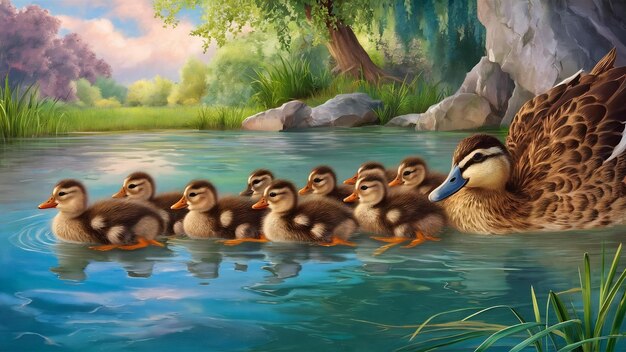 Los pequeños patos en un estanque los jóvenes mallardsanas platyrhynchos