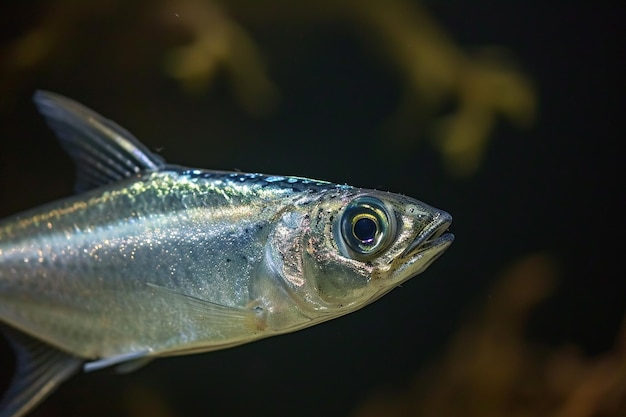 Pequeños peces plateados en un acuario sobre un fondo negro