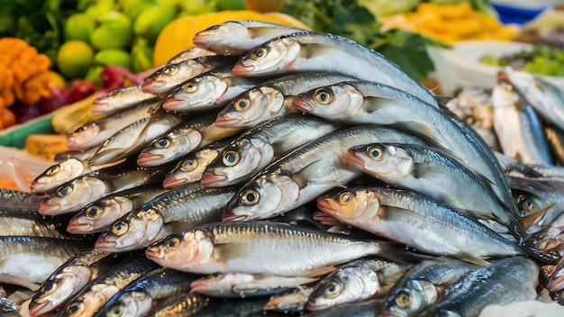 Foto pequeños peces sardinas como fondo en el mercado