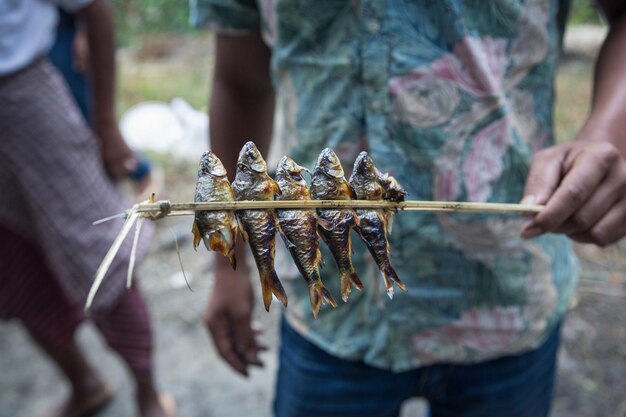 Foto pequenos peixes de rio capturados e assados em fogo aberto