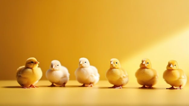 pequeños pollitos bandera de pascua amarilla fondo pájaros de primavera pollitos lindos y esponjosos aves de corral