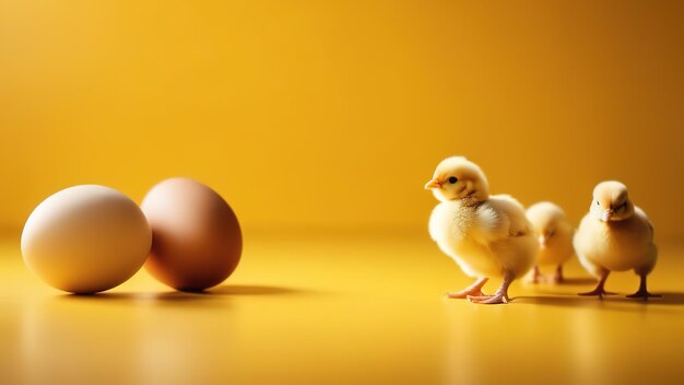 pequeños pollos con huevos de Pascua fondo de bandera pájaros de primavera pollitos lindo esponjoso aves de corral