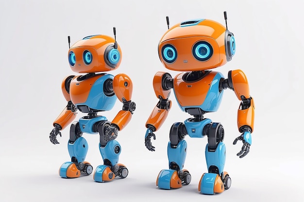 Pequenos robôs com rosto e corpo humanoide Inteligência Artificial AI Robôs laranja e azul isolados em fundo branco