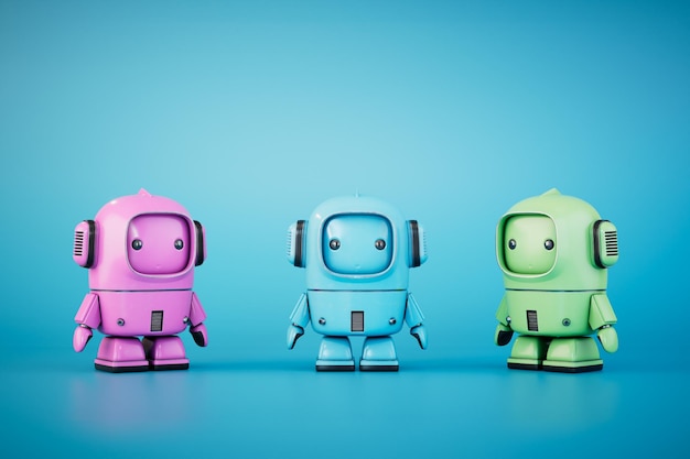 Pequeños robots multicolores sobre un fondo azul 3D Render