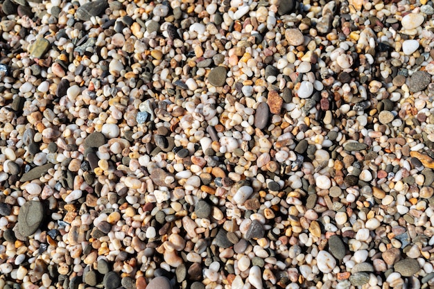 Pequenos seixos na praia. Fundo de pedras do mar