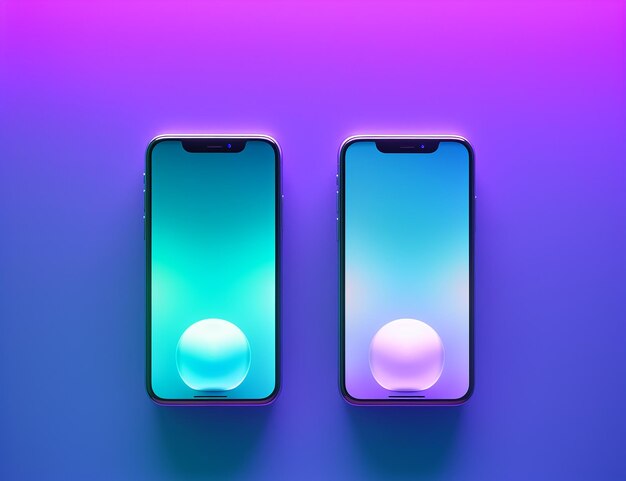 pequeños teléfonos android iphone en el fondo azul con la luz azul brillante brillando