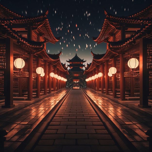 Pequeños templos chinos de madera y linternas brillantes en las celebraciones nocturnas del Año Nuevo Chino