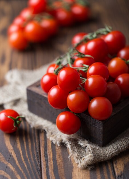 Pequeños tomates cherry rojos. Tomates cherry en una rama