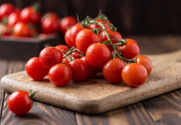 Pequeños tomates cherry rojos. Tomates cherry en una rama