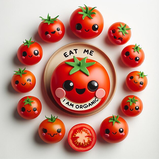 Foto pequenos tomates doces dispostos em círculo no meio há um tomate feliz maior