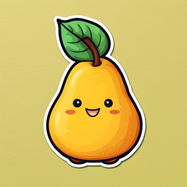 Una pera amarilla con una cara sonriente y una hoja verde.