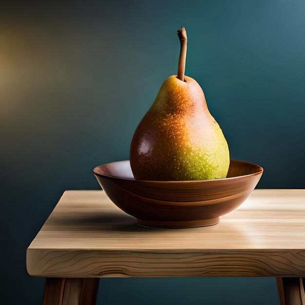 Una pera se encuentra en un recipiente con una pera verde a un lado.