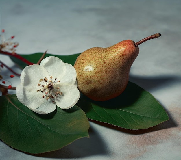 Una pera y una flor están sobre una mesa.