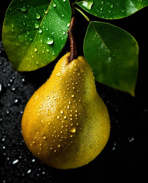 Pera fresca con gotas de agua