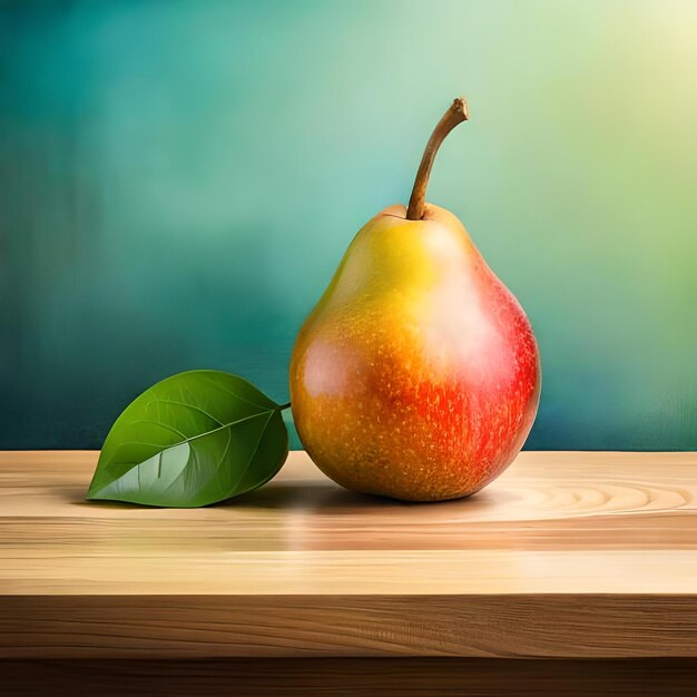 Una pera y una hoja sobre una mesa con un fondo verde