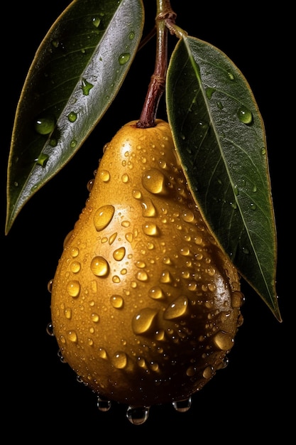 Una pera madura con gotas de agua en su piel