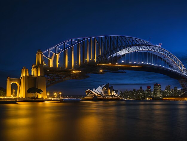 Ópera y puente del puerto por la noche Ai generado