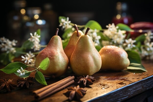 Peras e canela em uma mesa de madeira