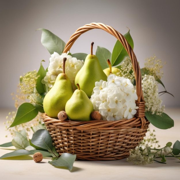 Peras e maçãs em uma cesta com elegantes enfeites de renda isolados IA generativa
