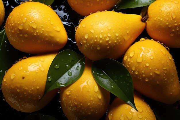 Peras frescas com gotas de água sobre um fundo escuro que realçam a cor amarela vibrante e a frescura natural