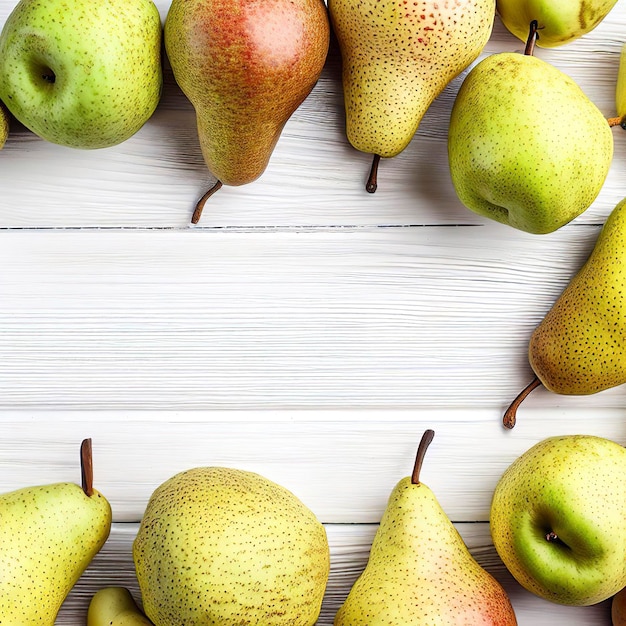 Foto peras frescas, um grande conjunto de frutas de peras, espaço livre para texto em uma vista superior de fundo de madeira branca