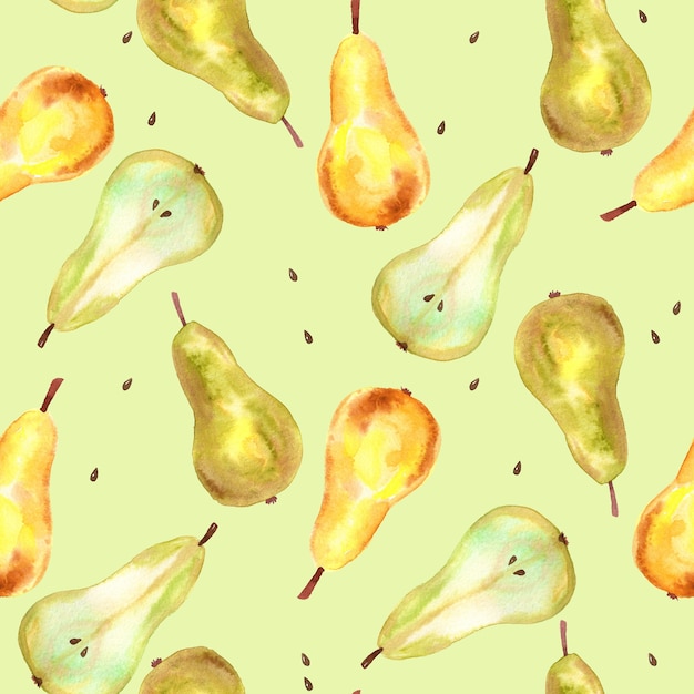 Peras verdes y amarillas. Patrón sin costuras. Ilustración acuarela dibujada a mano. Textura para impresión, tela, textil, papel tapiz.