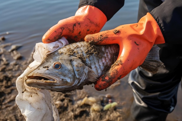 Foto perca que come guantes de plástico encontrada muerta en el hábitat marino contaminado debido a la contaminación de la naturaleza
