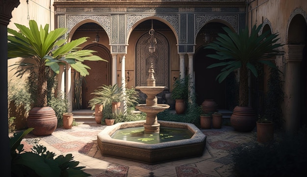 Perca-se na beleza exótica de um pátio de estilo marroquino com uma impressionante fonte de água gerada por IA