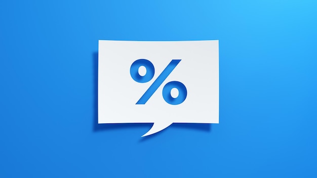 Foto percent speech bubble desenho abstrato minimalista com papel cortado branco em fundo azul 3d re