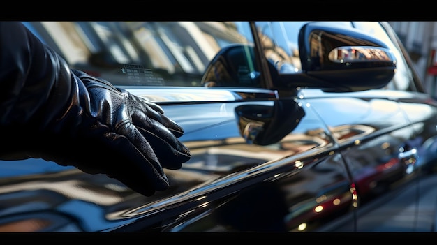 Percepción a través de la precisión pulida Una mano guanteada de un conductor Reflexión en una puerta de coche elegante