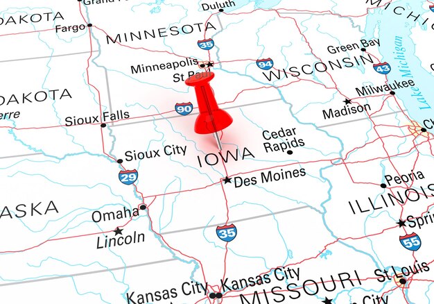 Percevejo vermelho sobre o mapa dos EUA do estado de Iowa. Renderização 3D