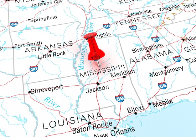 Percevejo vermelho sobre o mapa dos EUA do estado de Mississippi. Renderização 3D