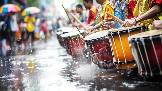 Foto percusión enérgica conjuntos de tambores callejeros de songkran resuenan alegría ai generado